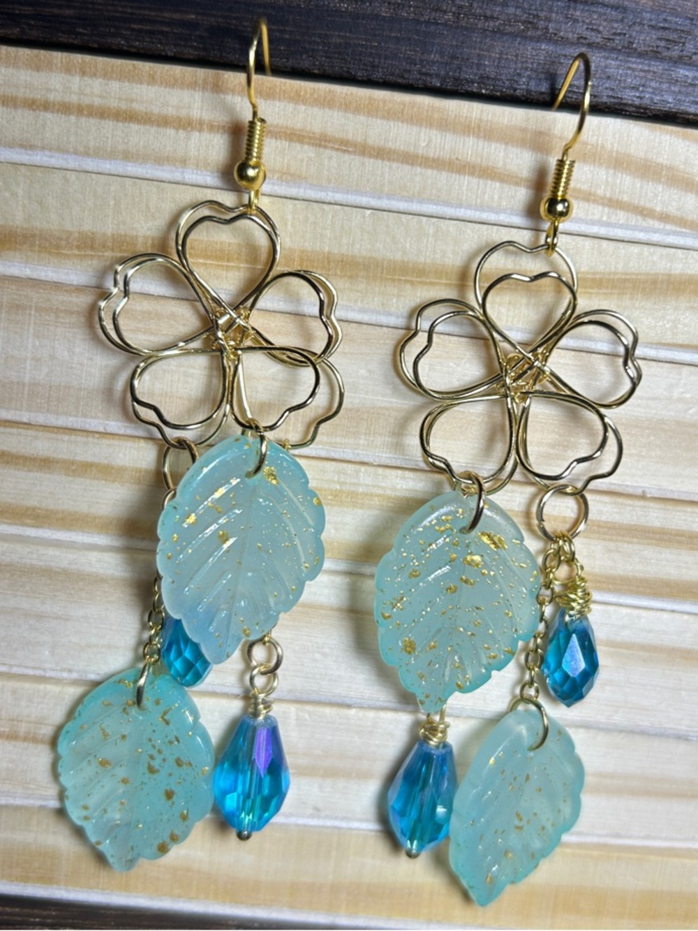 3/$25 Gold Floral Dangle Earrings with Aqua Leaf Charms